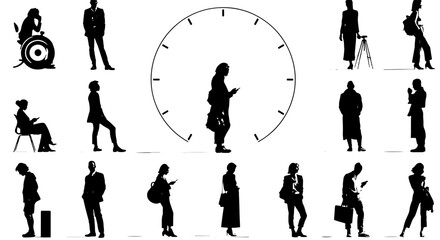 Obraz premium Diverse People Silhouettes Collection, Modern Business Figures, Lifestyle Icons, Wheelchair User, Casual Poses, Vector Graphics Set for Web and Print
