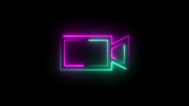 Neon glowing brown color camera video icon on black background animation
