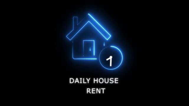 Daily house rent neon icon featuring a glowing blue property symbol and clock graphic for short term vacation lodging, real estate accommodation booking, and rental market platforms..