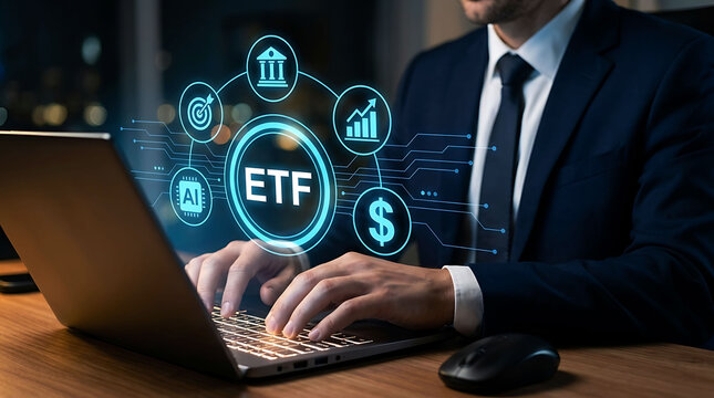 Businessman using laptop for ETF exchange traded funds stock market investment