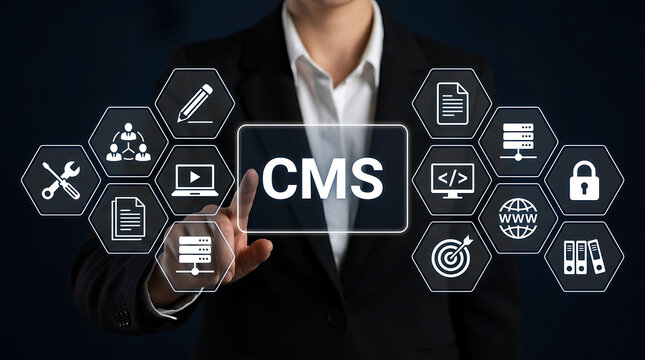 Businesswoman touching CMS content management system interface icon concept