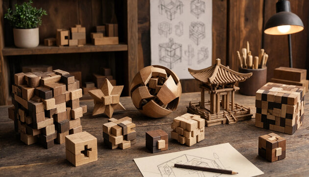 A collection of intricate wooden brain teaser puzzles, including cubes and a miniature pagoda, arranged on a rustic wooden table with a nearby