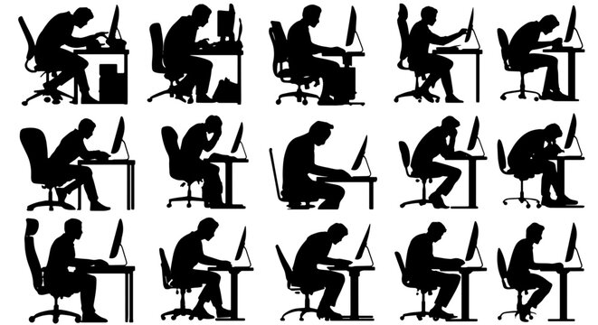 Office Worker Posture Set, 15 Silhouette Icons Depicting Ergonomic Sitting Positions, Computer Desk Ergonomics, Business Lifestyle, and Workplace Health