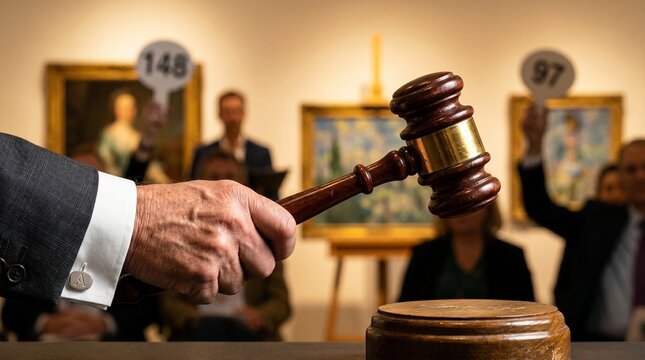 Close up of an auctioneer's hand holding a wooden gavel over a sound block with blurred bidders holding paddles in an art gallery