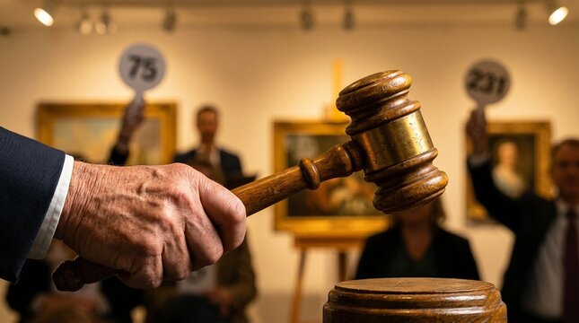 Close up of an auctioneer's hand holding a wooden gavel over a sound block with blurred bidders holding paddles in an art gallery