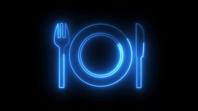 Neon glowing cyan plate spoon icon animation in black background
