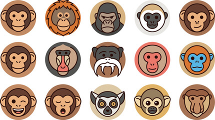 Primate Face Avatar Icons Set with Orangutan Gorilla Mandrill Lemur and Baboon Circle Badge Vector Illustration Bundle for Animal Character Concepts © MdMoymul