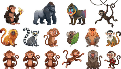 Primate Species Icons Set with Gorilla Chimpanzee Lemur Baboon Mandrill and Three Wise Monkeys Vector Illustration Bundle for Wildlife Animal Concepts © MdMoymul