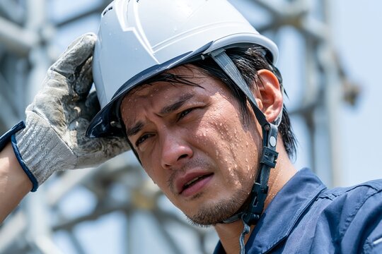 汗だくの現場作業員が厳しい暑さに耐える熱中症対策