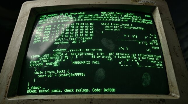 Vintage Computer Screen Showing System Failure Data Stream and Hex Dump Error Log
