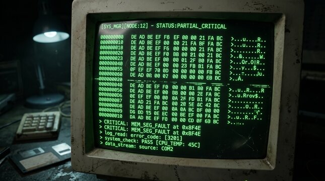 Vintage Computer Screen Showing System Failure Data Stream and Hex Dump Error Log