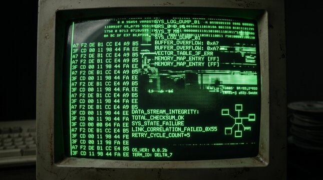 Vintage Computer Screen Showing System Failure Data Stream and Hex Dump Error Log