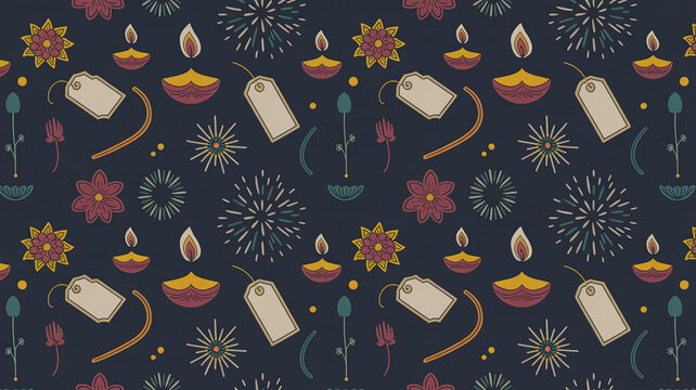 Diwali celebration seamless pattern with diyas, lotus, and fireworks