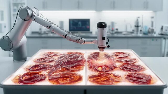 Robotic arm printing plant-based meat in a modern food technology laboratory setting robotics automation biotechnology