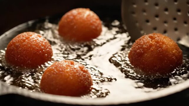 Chef frying golden gulab jamun in hot oil pan