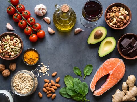 Mediterranean diet ingredients frame with salmon, avocado, nuts and olive oil on dark background with copy space