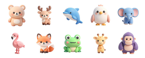 Obraz premium Set of cute 3D cartoon animal character icons isolated on transparent background, illustration