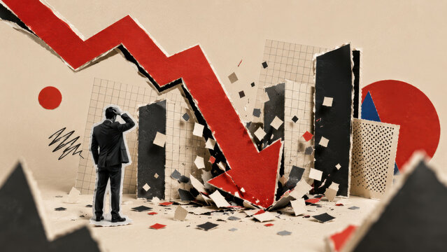 Business people looking at crashing stock market chart representing financial crisis in paper collage design
