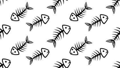 Naklejka premium Fish skeleton seamless pattern, hand drawn doodle style black fish bones on white background vector illustration.