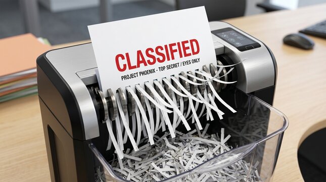 Paper Shredder Destroying Confidential Document Stamped CONFIDENTIAL on Office Desk Concept