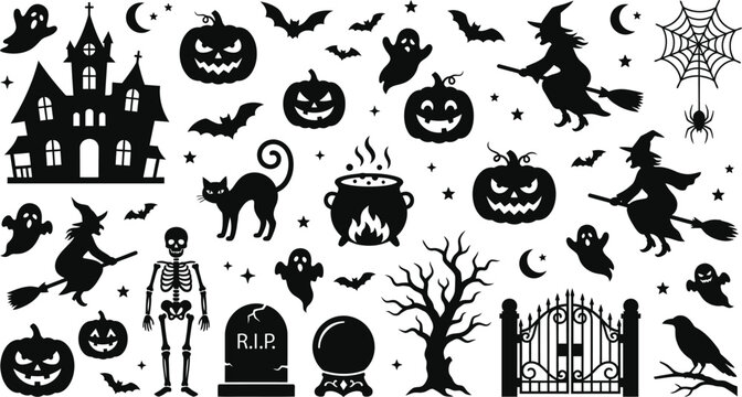 Happy halloween day spooky black silhouette collection for festive decorations party supplies