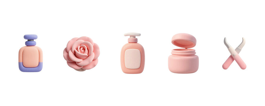 Set of 3D beauty and skincare icons with flower isolated on transparent background, illustration