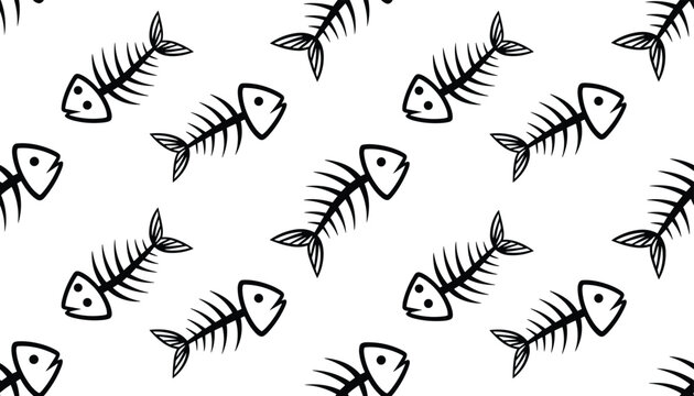 Fish skeleton seamless pattern, hand drawn doodle style black fish bones on white background vector illustration.