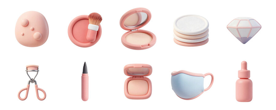 Set of 3D beauty makeup and skincare icons isolated on transparent background, illustration