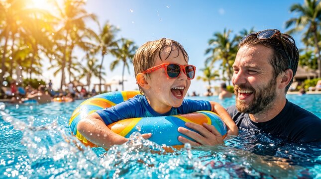 Smiling father and young son laughing in sunny swimming pool