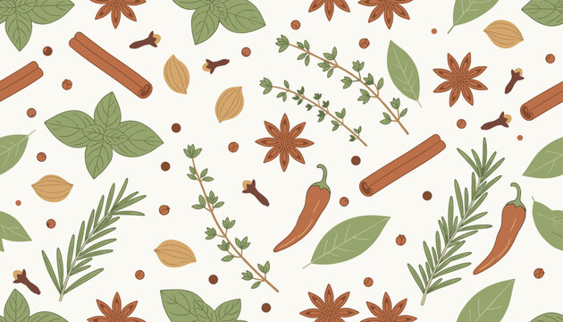 Culinary herbs and spices seamless pattern with cinnamon star anise basil and rosemary, food vector wallpaper.