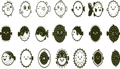 Set of cute puffer fish character icons with blowfish character underwater wildlife silhouette minimalist creature swimming divergent collection isolated illustration © md