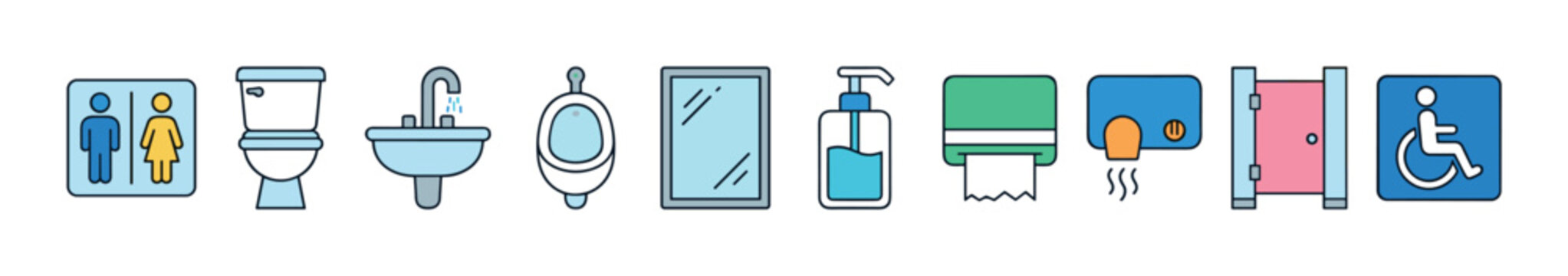 Modern public restroom bathroom toilet facilities icons collection illustrating hygiene, accessibility, and essential amenities in a clean vector style.