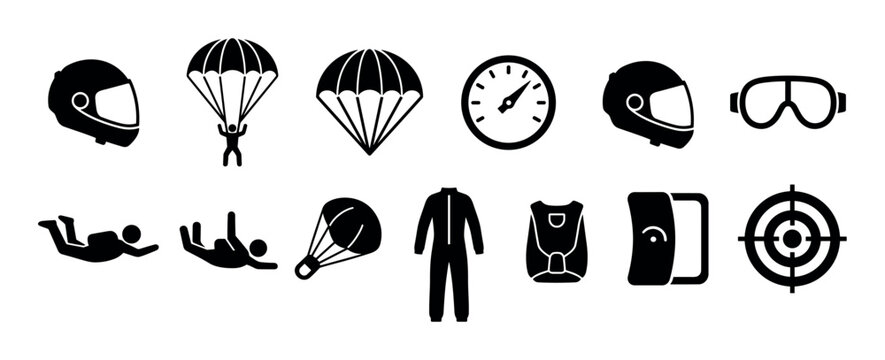 Collection of skydiving equipment, parachuting gear, and skydiver activities icons representing extreme sports and aerial adventures.