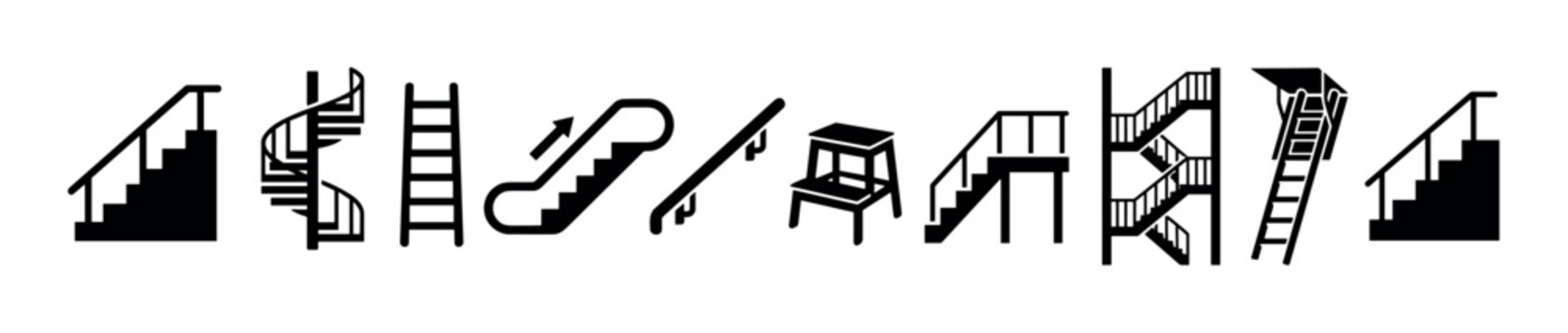 Various stairs ladders escalators handrails steps icons representing different types of vertical access and movement systems in a comprehensive collection of black silhouettes.