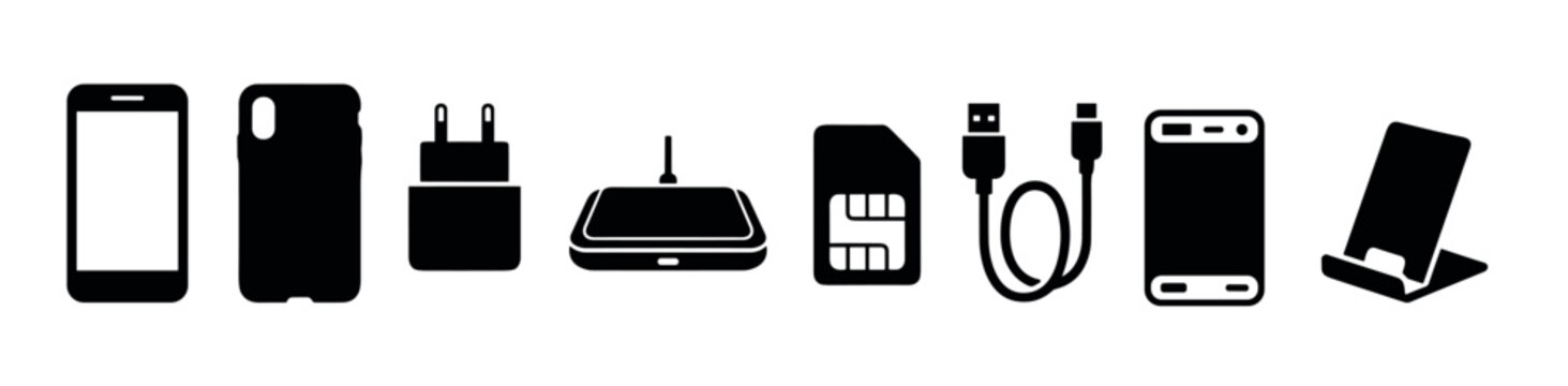 Collection of mobile phone accessories including smartphone, charger, wireless pad, SIM card, USB cable, power bank, and stand icons.