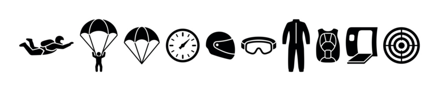 Dynamic set of skydiving and parachuting icons illustrating freefall, open parachutes, protective gear, and landing targets for extreme sports.