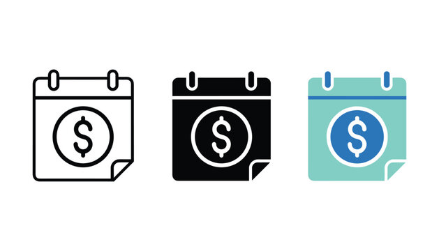 Three calendar date icons with dollar currency symbol for financial planning and payment due dates in outline solid and colored vector formats for business and banking apps