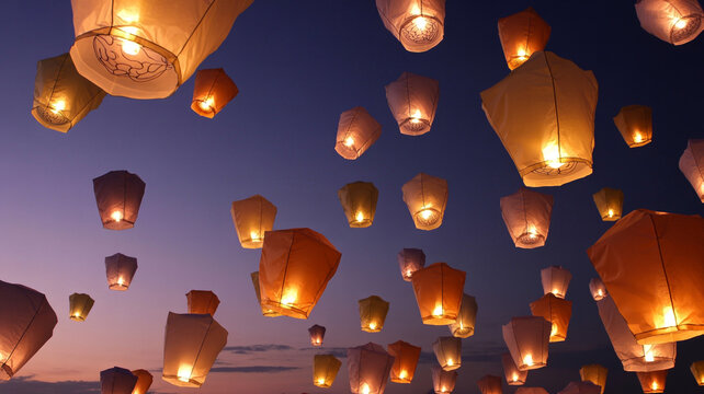 Dreamy surreal brain-shaped lanterns floating in twilight sky