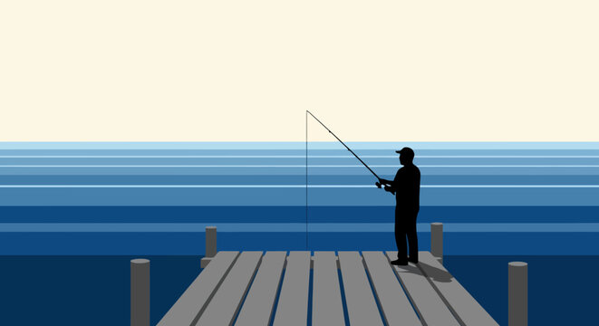 Silhouette of a man fishing on a wooden pier by the blue ocean at day