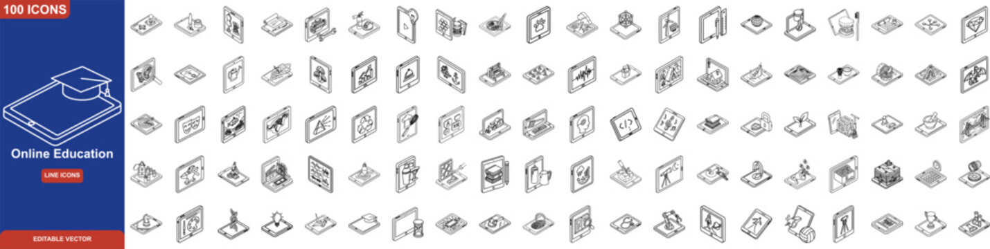 Online Education Isometric Line Icon Set. Containing Graduation, Medicine, Coding, Arts, Engineering, Science, Carpentry, Culinary, and Vocational Training