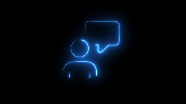 illustration of a bright blue neon line human avatar with message bubble symbol for social media conversation, customer care assistant, virtual consulting, and digital chatting. 4k loop...
