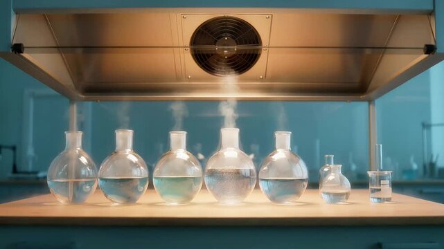 Row of glass chemical flasks boiling under a laboratory fume hood ventilator science flask chemistry experiment beaker