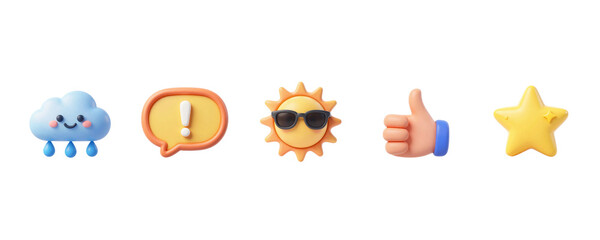 Fototapeta premium Set of cute 3d weather and social media icons isolated on transparent background, illustration