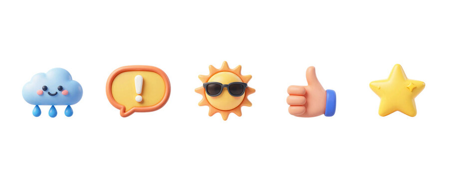 Set of cute 3d weather and social media icons isolated on transparent background, illustration