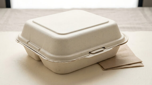 Disposable biodegradable clamshell food container made of sugarcane bagasse with brown napkin