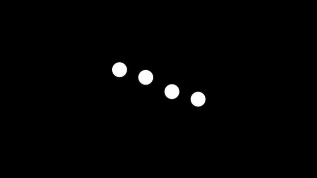 Minimalist loading animation with four pulsing white dots on black background, buffering progress indicator