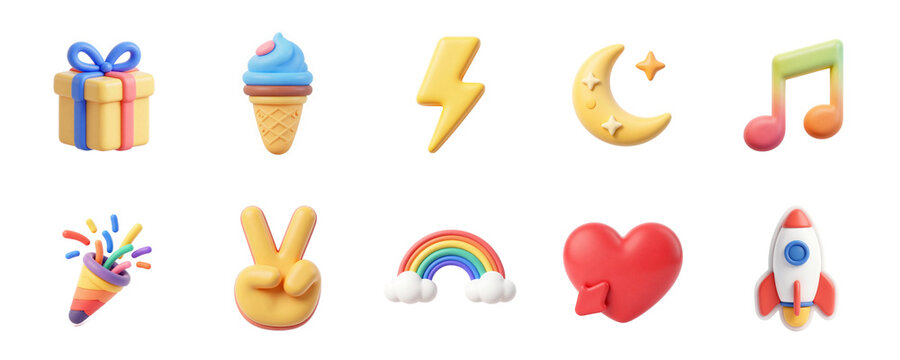 Set of colorful 3D social media icons and cute objects isolated on transparent background, illustration