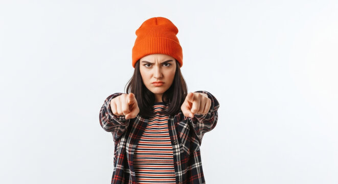 Angry Woman Pointing Finger With Evil Gaze Isolated on White Background. Annoyed Brunette Girl Blaming Accusing. Displeased Female Doubtful Concept