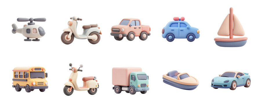 Set of cute 3D transport vehicle icons for travel and design isolated on transparent background, illustration