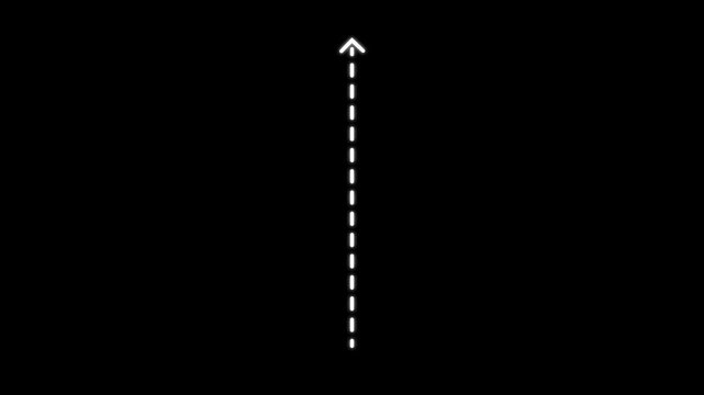 Minimalist white dashed line arrow animation on black background, for ui motion, ui